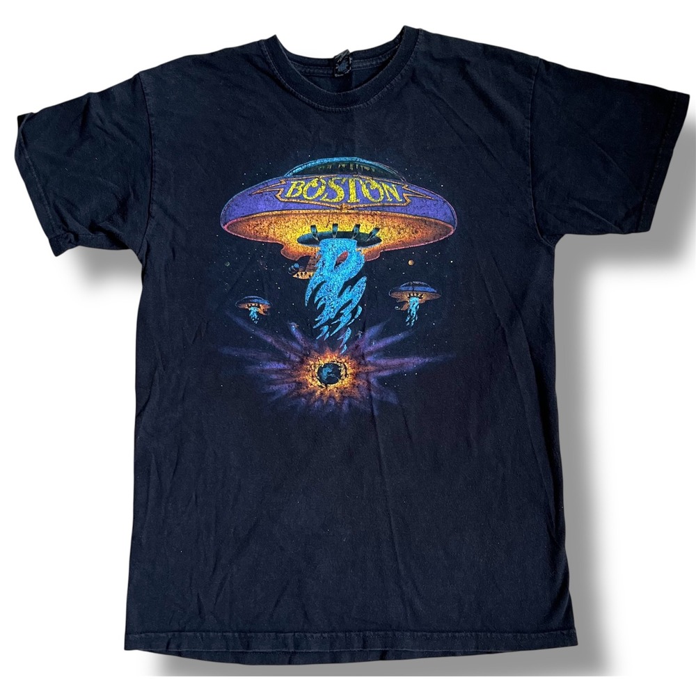 Vtg Boston Band T Shirt Mens Medium Black Short Sleeve Rock Graphic M&O Gold Y2K